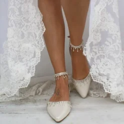 Women's White Wedding Flats – Elegant Bridal Shoes with Rhinestone Ankle Straps for Brides and Formal Events