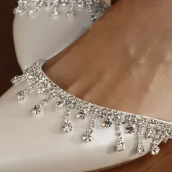 Women's White Wedding Flats – Elegant Bridal Shoes with Rhinestone Ankle Straps for Brides and Formal Events