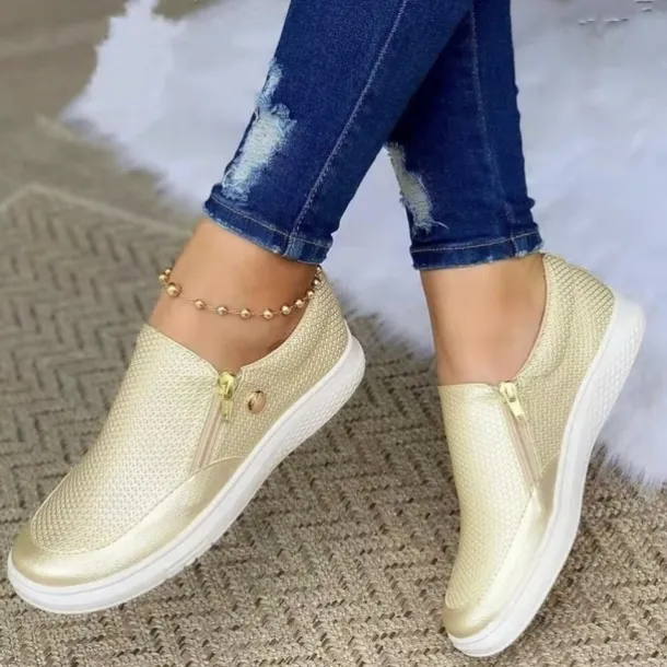 Women's White Zipper Slip-On Sneakers - Comfortable Casual Shoes with Cushioned Sole for Everyday Wear