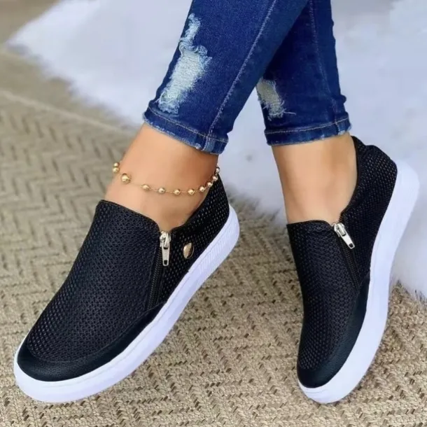 Women's White Zipper Slip-On Sneakers - Comfortable Casual Shoes with Cushioned Sole for Everyday Wear