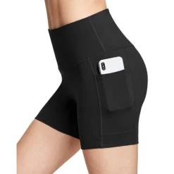 Women's Wide Band Waist Sports Shorts With Phone Pocket Solid Colored High Waist Elastic Yoga Running Bottom Pants
