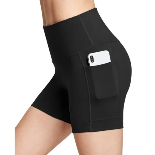 Women's Wide Band Waist Sports Shorts With Phone Pocket Solid Colored High Waist Elastic Yoga Running Bottom Pants