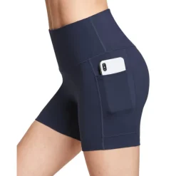 Women's Wide Band Waist Sports Shorts With Phone Pocket Solid Colored High Waist Elastic Yoga Running Bottom Pants