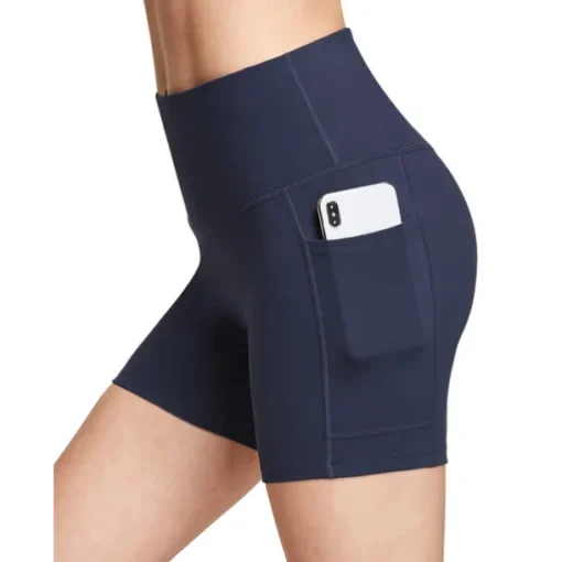 Women's Wide Band Waist Sports Shorts With Phone Pocket Solid Colored High Waist Elastic Yoga Running Bottom Pants