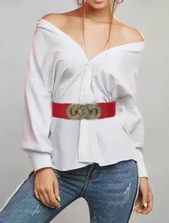 Women's Wide Elastic Waist Belt with Vintage Metal Buckle – Fashion Stretch Belt for Dresses, Tunics, and Blouses – Available in Black, Red, and Brown