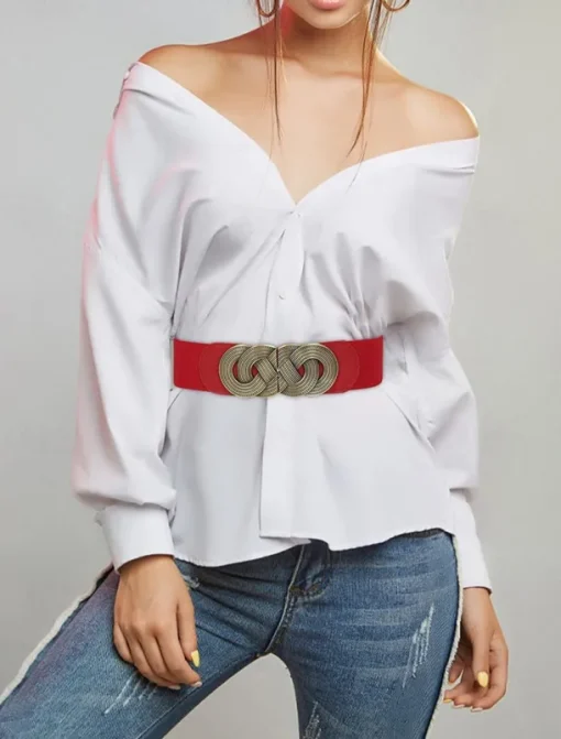 Women's Wide Elastic Waist Belt with Vintage Metal Buckle – Fashion Stretch Belt for Dresses, Tunics, and Blouses – Available in Black, Red, and Brown
