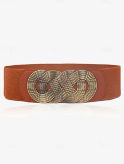 Women's Wide Elastic Waist Belt with Vintage Metal Buckle – Fashion Stretch Belt for Dresses, Tunics, and Blouses – Available in Black, Red, and Brown
