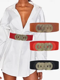 Women's Wide Elastic Waist Belt with Vintage Metal Buckle – Fashion Stretch Belt for Dresses, Tunics, and Blouses – Available in Black, Red, and Brown