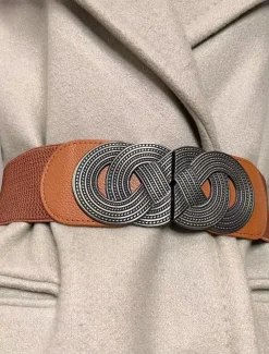 Women's Wide Elastic Waist Belt with Vintage Metal Buckle – Fashion Stretch Belt for Dresses, Tunics, and Blouses – Available in Black, Red, and Brown