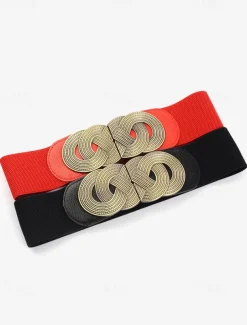 Women's Wide Elastic Waist Belt with Vintage Metal Buckle – Fashion Stretch Belt for Dresses, Tunics, and Blouses – Available in Black, Red, and Brown