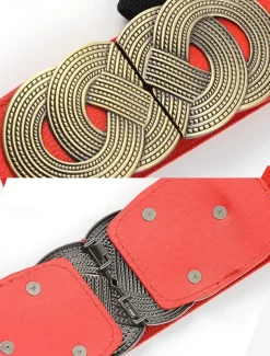 Women's Wide Elastic Waist Belt with Vintage Metal Buckle – Fashion Stretch Belt for Dresses, Tunics, and Blouses – Available in Black, Red, and Brown