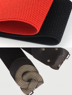 Women's Wide Elastic Waist Belt with Vintage Metal Buckle – Fashion Stretch Belt for Dresses, Tunics, and Blouses – Available in Black, Red, and Brown