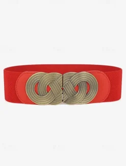 Women's Wide Elastic Waist Belt with Vintage Metal Buckle – Fashion Stretch Belt for Dresses, Tunics, and Blouses – Available in Black, Red, and Brown