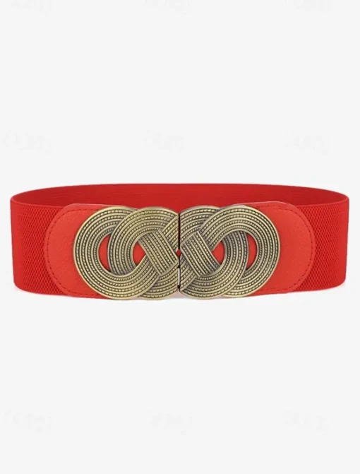 Women's Wide Elastic Waist Belt with Vintage Metal Buckle – Fashion Stretch Belt for Dresses, Tunics, and Blouses – Available in Black, Red, and Brown
