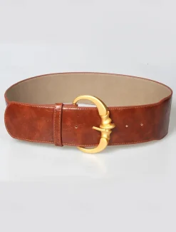 Women's Wide Faux Leather Belt with Gold Decorative Buckle - Elegant Waist Cincher