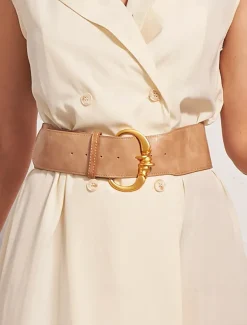 Women's Wide Faux Leather Belt with Gold Decorative Buckle - Elegant Waist Cincher