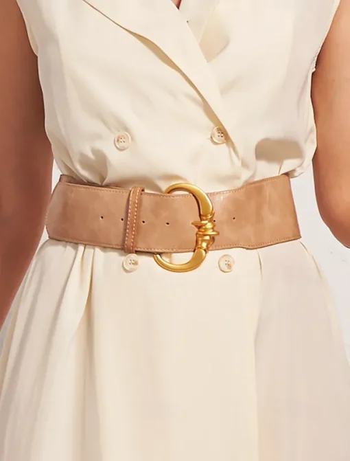 Women's Wide Faux Leather Belt with Gold Decorative Buckle - Elegant Waist Cincher