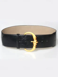 Women's Wide Faux Leather Belt with Gold Decorative Buckle - Elegant Waist Cincher