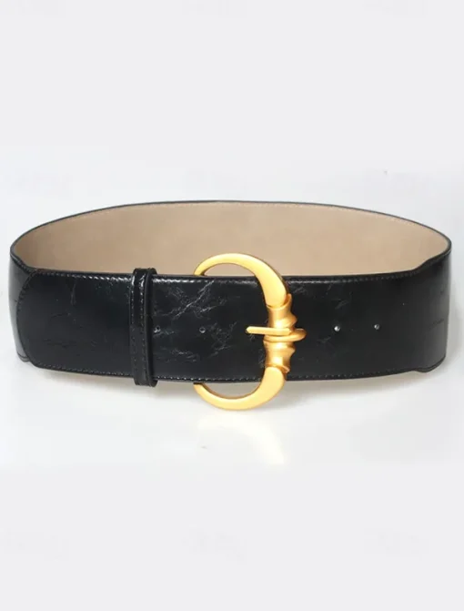 Women's Wide Faux Leather Belt with Gold Decorative Buckle - Elegant Waist Cincher