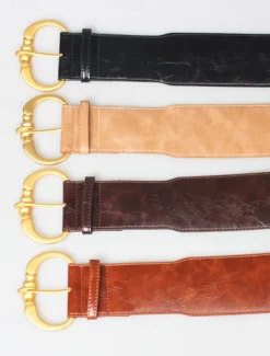 Women's Wide Faux Leather Belt with Gold Decorative Buckle - Elegant Waist Cincher