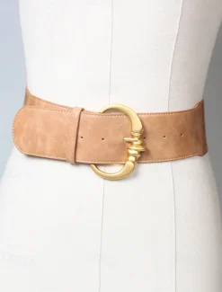 Women's Wide Faux Leather Belt with Gold Decorative Buckle - Elegant Waist Cincher