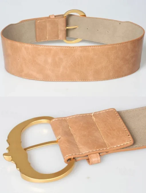 Women's Wide Faux Leather Belt with Gold Decorative Buckle - Elegant Waist Cincher
