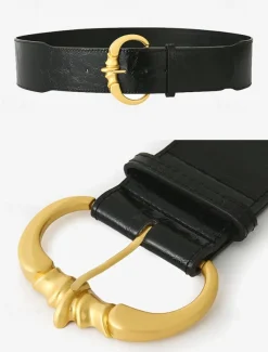 Women's Wide Faux Leather Belt with Gold Decorative Buckle - Elegant Waist Cincher
