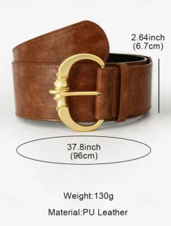 Women's Wide Faux Leather Belt with Gold Decorative Buckle - Elegant Waist Cincher