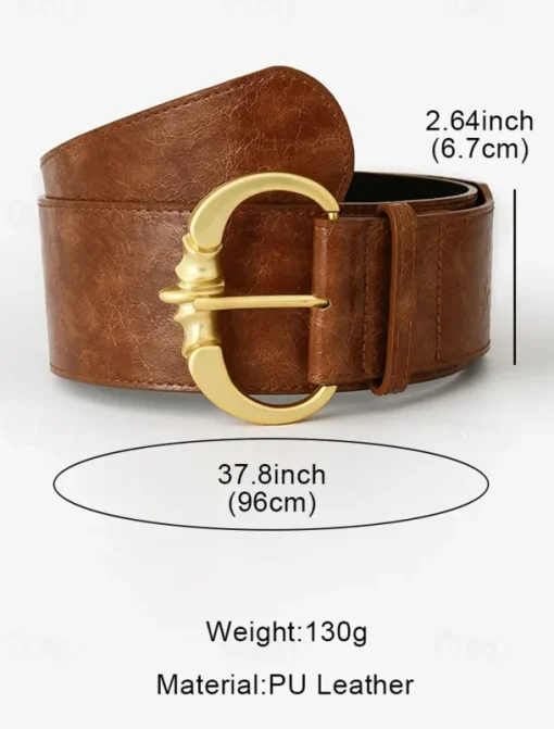 Women's Wide Faux Leather Belt with Gold Decorative Buckle - Elegant Waist Cincher