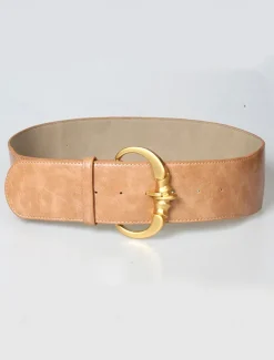 Women's Wide Faux Leather Belt with Gold Decorative Buckle - Elegant Waist Cincher