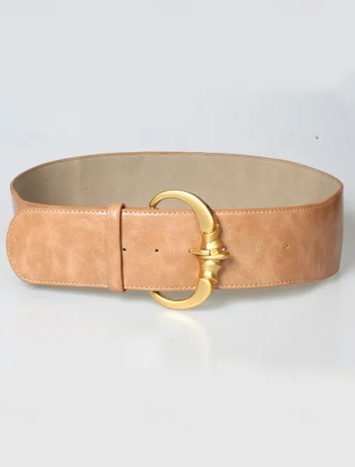Women's Wide Faux Leather Belt with Gold Decorative Buckle - Elegant Waist Cincher