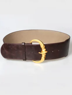 Women's Wide Faux Leather Belt with Gold Decorative Buckle - Elegant Waist Cincher