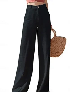 Women's Wide Leg Baggy Pants Solid Color Fashion Basic Full Length High Waist Plain Pocket Comfort Outdoor Micro-elastic Vacation Street Daily Deep Green Black White Summer Spring Regular Fit