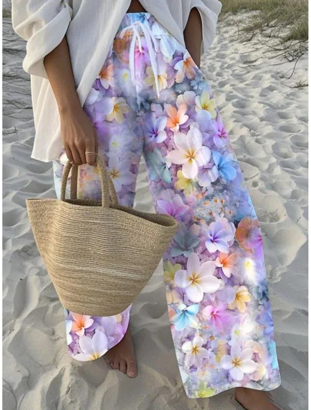 Women's Wide Leg Chinos Baggy Pants Vacation Fashion Hawaiian Full Length High Waist Floral Graphic Drawstring Printing Soft Breathable Micro-elastic Vacation Street Causal Sky Blue And White White