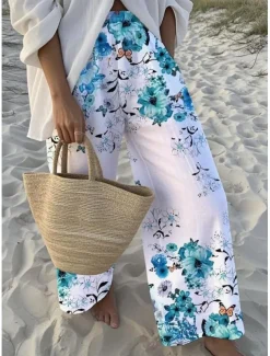 Women's Wide Leg Chinos Baggy Pants Vacation Fashion Hawaiian Full Length High Waist Floral Graphic Drawstring Printing Soft Breathable Micro-elastic Vacation Street Causal Sky Blue And White White