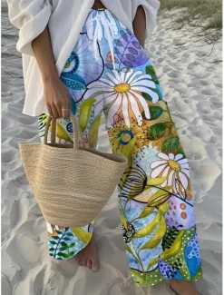 Women's Wide Leg Chinos Baggy Pants Vacation Fashion Hawaiian Full Length High Waist Floral Graphic Drawstring Printing Soft Breathable Micro-elastic Vacation Street Causal Sky Blue And White White