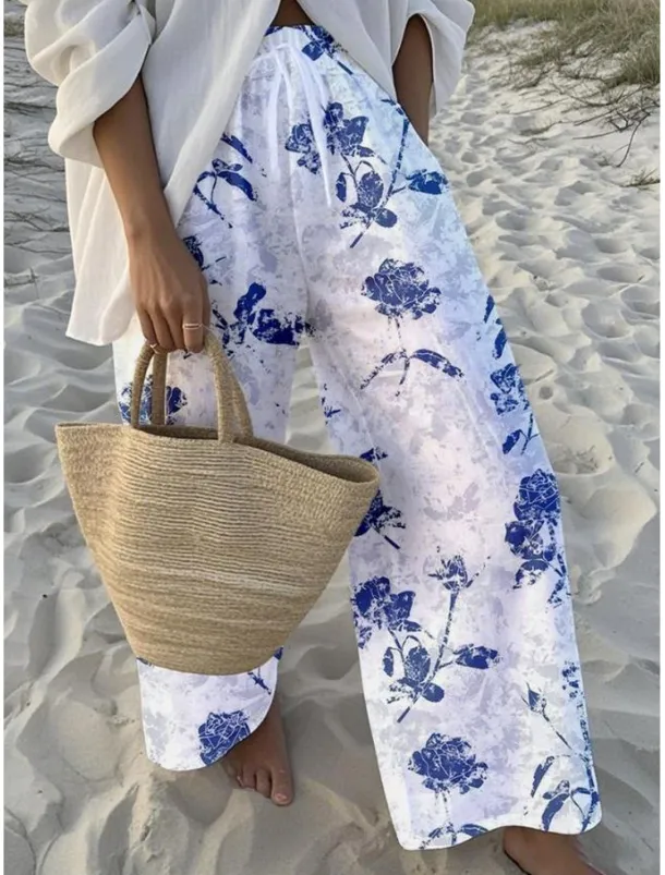 Women's Wide Leg Chinos Baggy Pants Vacation Fashion Hawaiian Full Length High Waist Floral Graphic Drawstring Printing Soft Breathable Micro-elastic Vacation Street Causal Sky Blue And White White