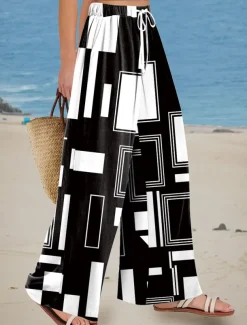 Women's Wide Leg Chinos Baggy Pants Vacation Vintage Fashion Full Length High Waist Floral Graphic Geometric Printing Soft Breathable Micro-elastic Vacation Street Causal Black Summer Spring Loose Fit