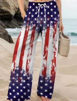 Women's Wide Leg Chinos Baggy Pants Vacation Vintage Fashion Full Length High WaistPantsAmerican Independence Day Graphic Flag Drawstring Printing Soft Breathable Micro-elastic Formal Vacation Street