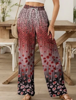 Women's Wide Leg Chinos Baggy Pants Vacation Vintage Fashion Full Length High Waist Graphic Leopard Geometric Printing Thermal Warm Soft Breathable Micro-elastic Vacation Street Causal Dark red