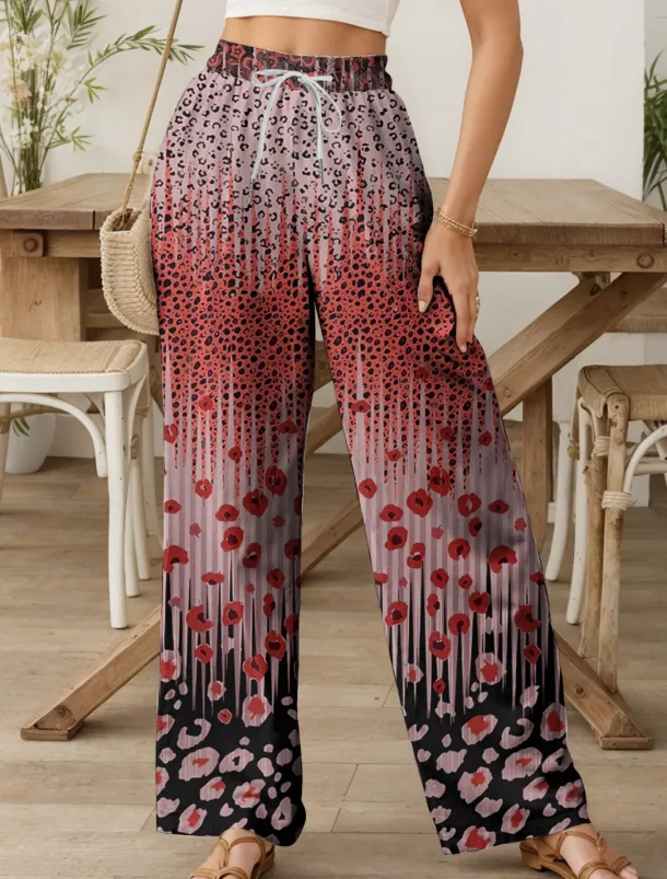Women's Wide Leg Chinos Baggy Pants Vacation Vintage Fashion Full Length High Waist Graphic Leopard Geometric Printing Thermal Warm Soft Breathable Micro-elastic Vacation Street Causal Dark red