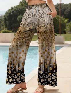 Women's Wide Leg Chinos Baggy Pants Vacation Vintage Fashion Full Length High Waist Graphic Leopard Geometric Printing Thermal Warm Soft Breathable Micro-elastic Vacation Street Causal Dark red