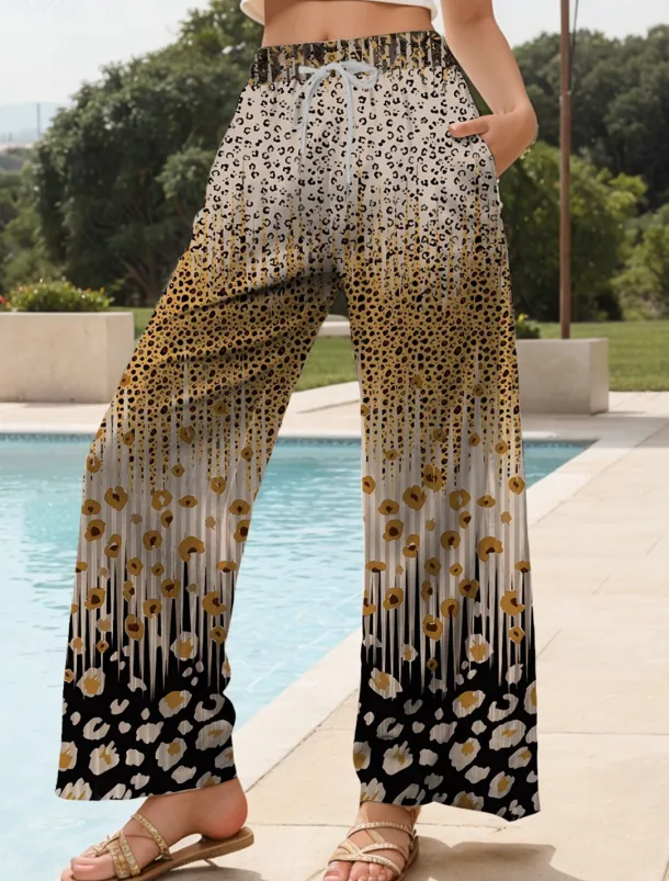 Women's Wide Leg Chinos Baggy Pants Vacation Vintage Fashion Full Length High Waist Graphic Leopard Geometric Printing Thermal Warm Soft Breathable Micro-elastic Vacation Street Causal Dark red