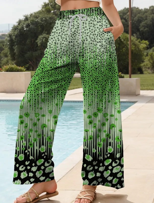 Women's Wide Leg Chinos Baggy Pants Vacation Vintage Fashion Full Length High Waist Graphic Leopard Geometric Printing Thermal Warm Soft Breathable Micro-elastic Vacation Street Causal Dark red