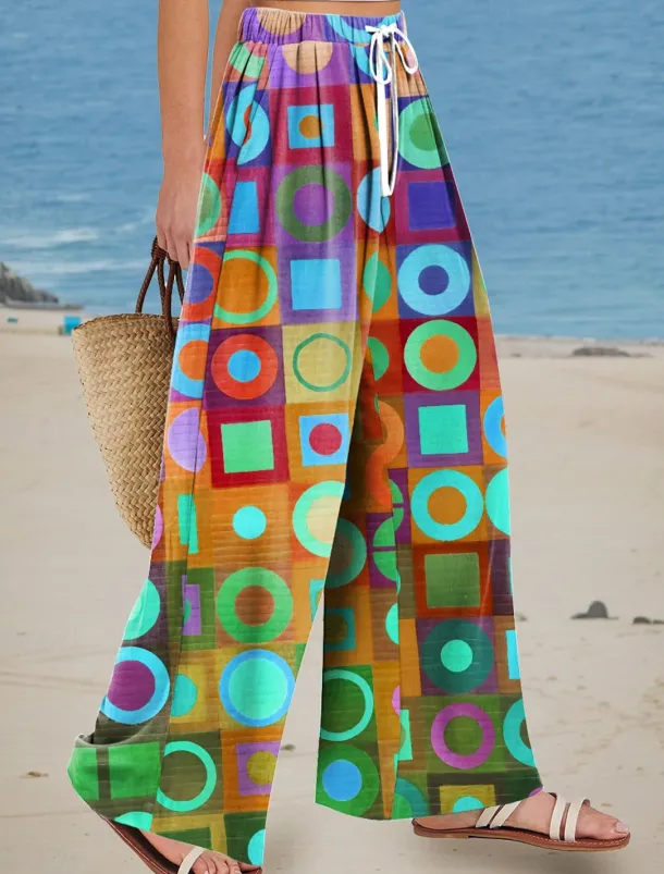 Women's Wide Leg Chinos Baggy Pants Vacation Vintage Fashion Full Length High Waist Floral Graphic Abstract Printing Soft Breathable Micro-elastic Formal Outdoor Vacation Blue Orange Summer Spring