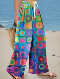 Women's Wide Leg Chinos Baggy Pants Vacation Vintage Fashion Full Length High Waist Floral Graphic Abstract Printing Soft Breathable Micro-elastic Formal Outdoor Vacation Blue Orange Summer Spring