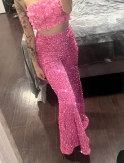 Women's Wide Leg Chinos Baggy Pants Fashion Streetwear Full Length High Waist Plain Sequins Comfy Soft Comfortable Micro-elastic Outdoor Party Street Black Pink Red Summer Spring Regular Fit