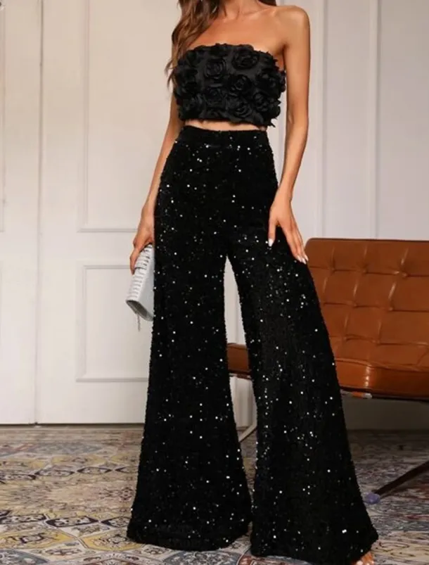 Women's Wide Leg Chinos Baggy Pants Fashion Streetwear Full Length High Waist Plain Sequins Comfy Soft Comfortable Micro-elastic Outdoor Party Street Black Pink Red Summer Spring Regular Fit