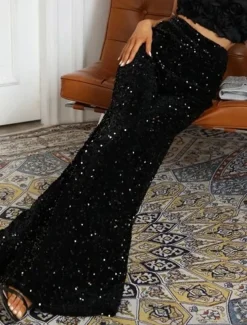 Women's Wide Leg Chinos Baggy Pants Fashion Streetwear Full Length High Waist Plain Sequins Comfy Soft Comfortable Micro-elastic Outdoor Party Street Black Pink Red Summer Spring Regular Fit