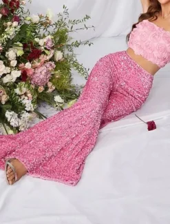 Women's Wide Leg Chinos Baggy Pants Fashion Streetwear Full Length High Waist Plain Sequins Comfy Soft Comfortable Micro-elastic Outdoor Party Street Black Pink Red Summer Spring Regular Fit